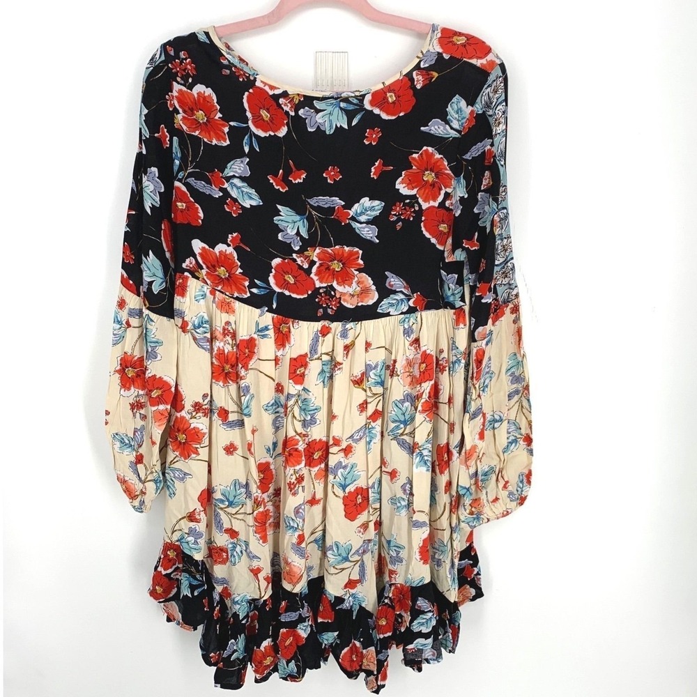 Patrons of Peace Floral Mixed Print Babydoll Tunic Dress Black Red Medium - Picture 3 of 7